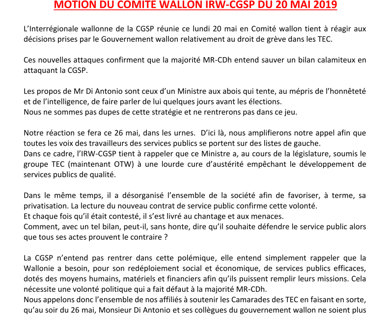 MOTION DU COMITE WALLON IRW-CGSP DU 20 MAI 2019